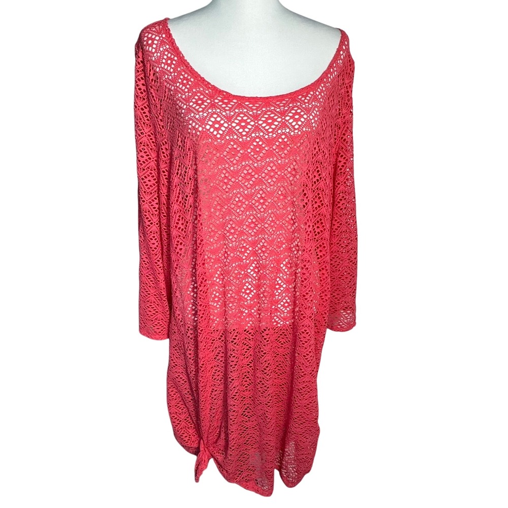 MIRACLESUIT‎ Women's XL Coral Pink Crochet Open Knit Swim Cover Up Tunic Dress